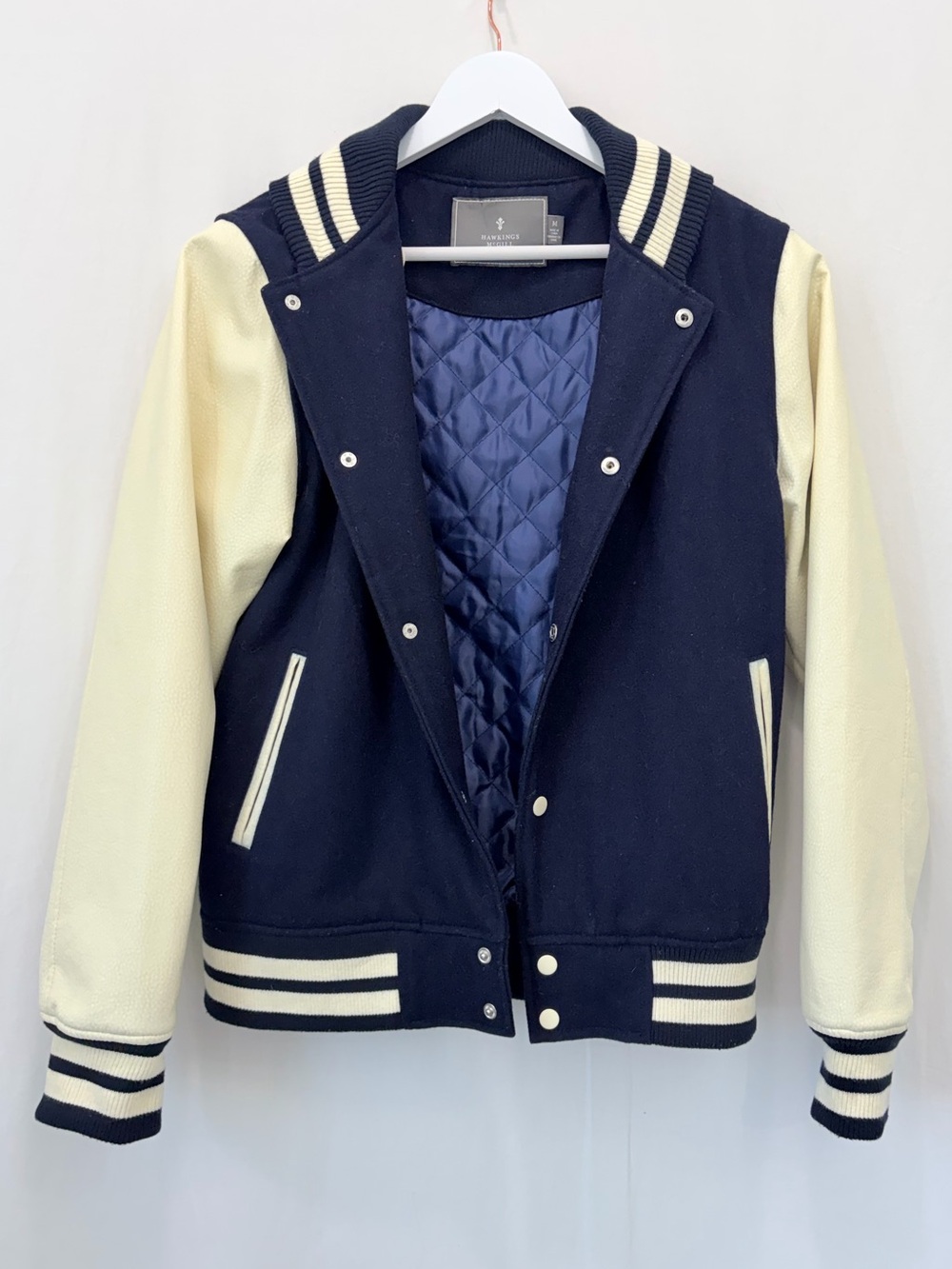 Hawkings McGill Retro Sport Varsity Wool Letterman Jacket Coat Navy Ivory Medium
